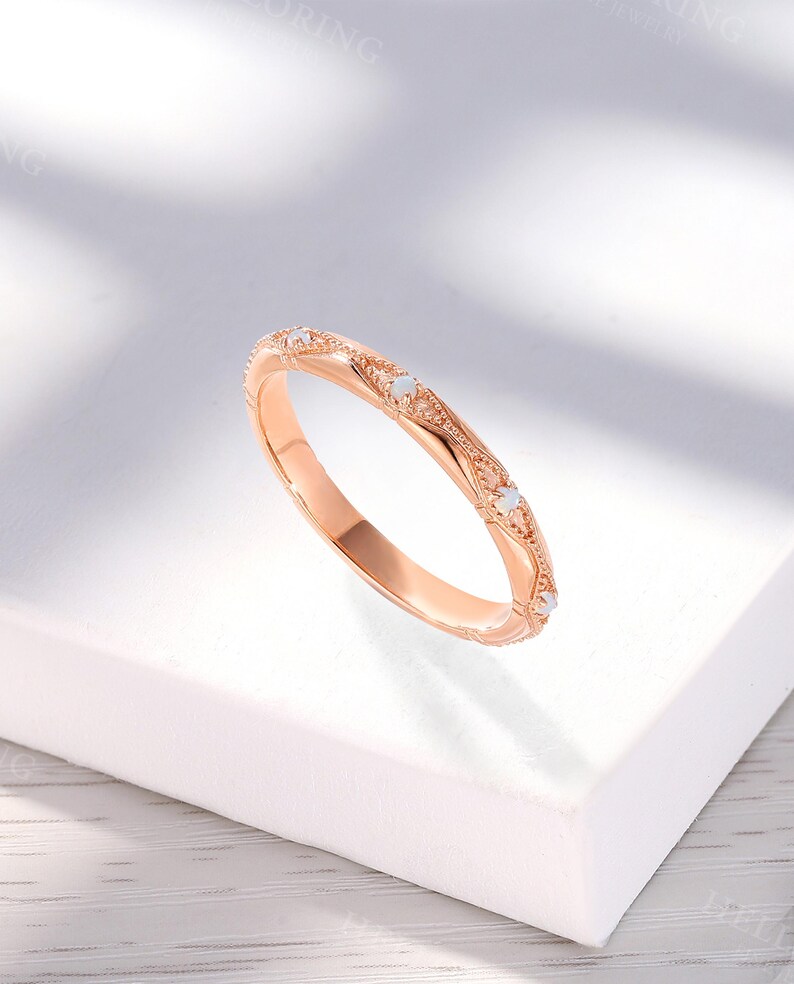 Art Deco Opal Wedding Band: Rose Gold Stacking Engraved Bridal Ring, Birthstone Anniversary Promise Ring image 5