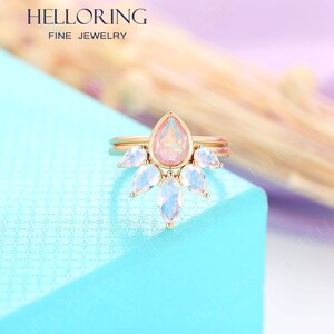 Rozenkwarts Verlovingsring set Rose goud Peer gesneden Gebogen trouwring Marquise gesneden Art deco Moonstone Bridal Anniversary Promise ring afbeelding 9