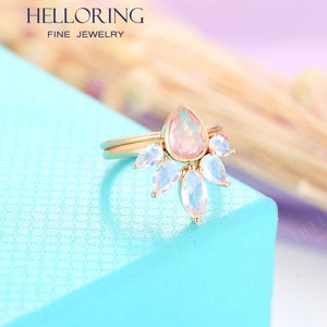 Rozenkwarts Verlovingsring set Rose goud Peer gesneden Gebogen trouwring Marquise gesneden Art deco Moonstone Bridal Anniversary Promise ring afbeelding 7