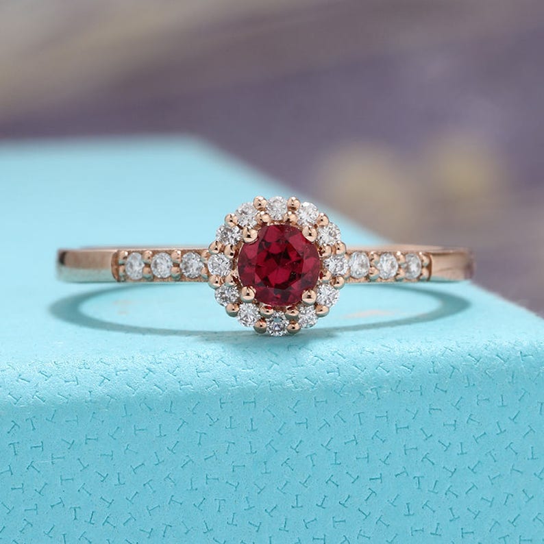 Ruby Engagement Ring rose gold curved wedding band Art Deco Unique Vintage Diamond July birthstone Bridal set Women Anniversary ring image 2