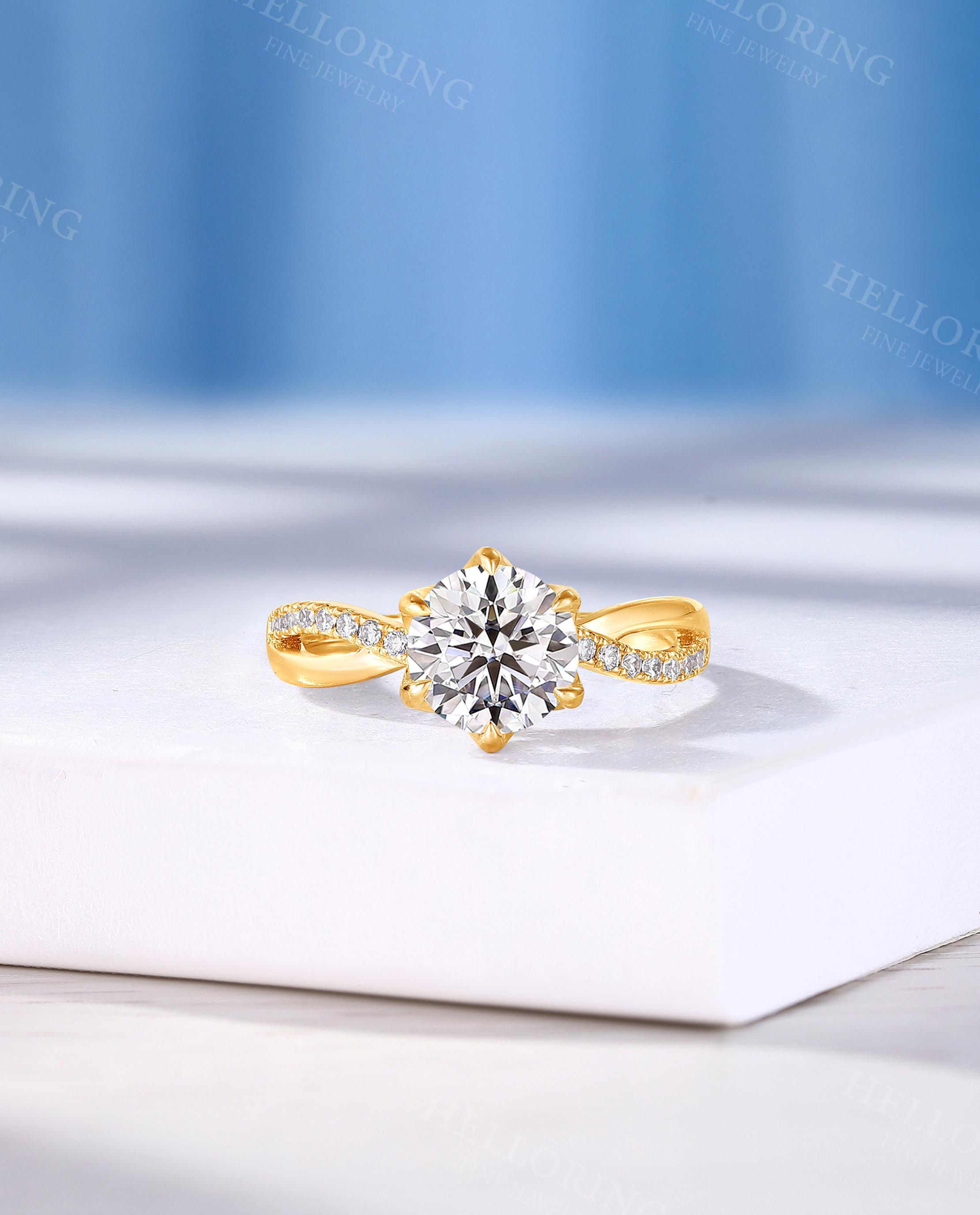 Classic Round Cut Lab Grown Diamond Engagement Ring, 14K Gold Band, Twisted Pave Diamond Band, Women's Bridal Promise Ring, Anniversary Ring