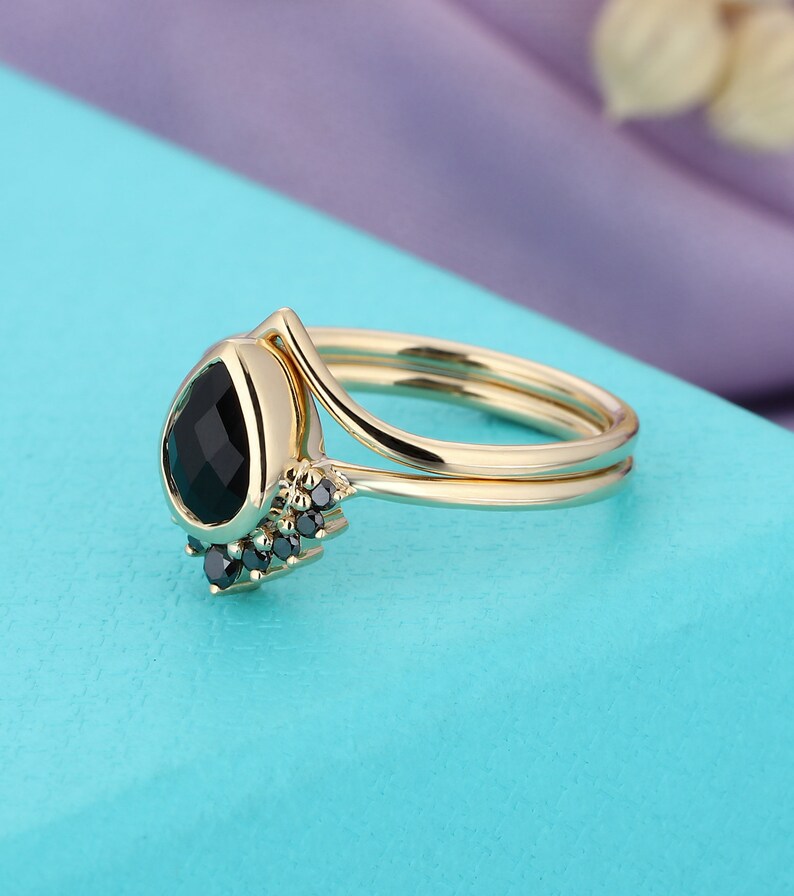 Pear Cut Engagement Ring Set Black Onyx Wedding Ring Set Art Etsy UK