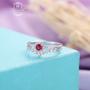 Ruby Engagement Ring rose gold curved wedding band Art Deco Unique Vintage Diamond July birthstone Bridal set Women Anniversary ring image 8