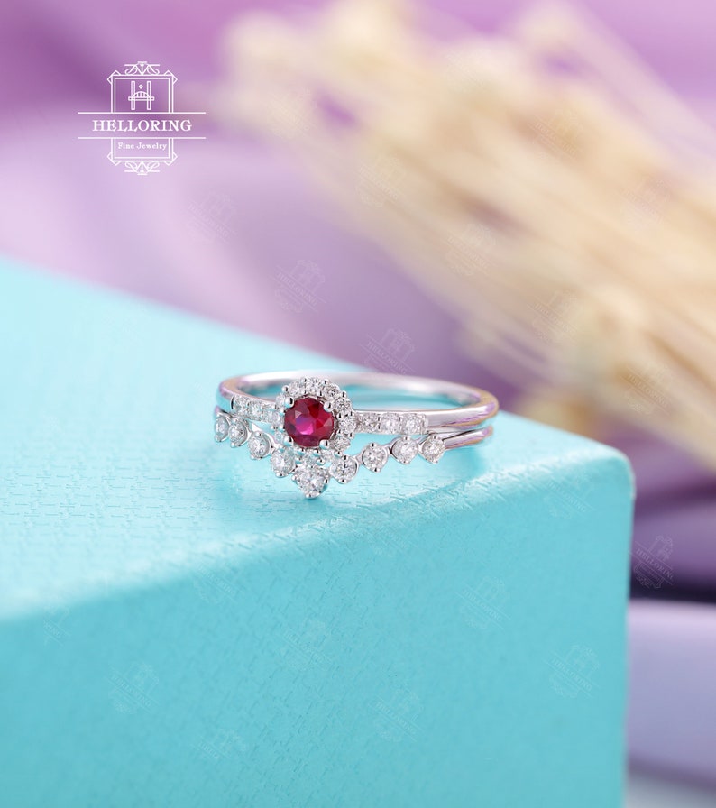 Ruby Engagement Ring rose gold curved wedding band Art Deco Unique Vintage Diamond July birthstone Bridal set Women Anniversary ring image 8