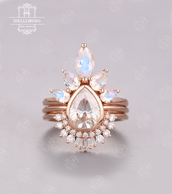 Vintage Moissanite Engagement Ring Set Rose Gold Pear Shaped Etsy