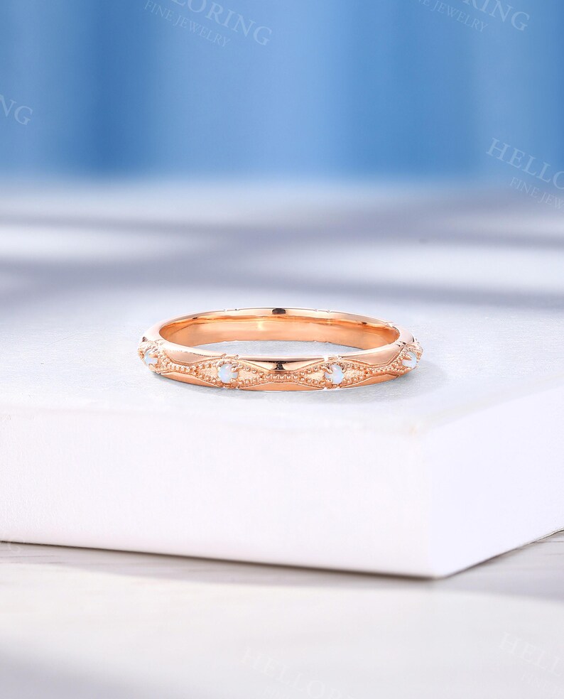 Art Deco Opal Wedding Band: Rose Gold Stacking Engraved Bridal Ring, Birthstone Anniversary Promise Ring image 4