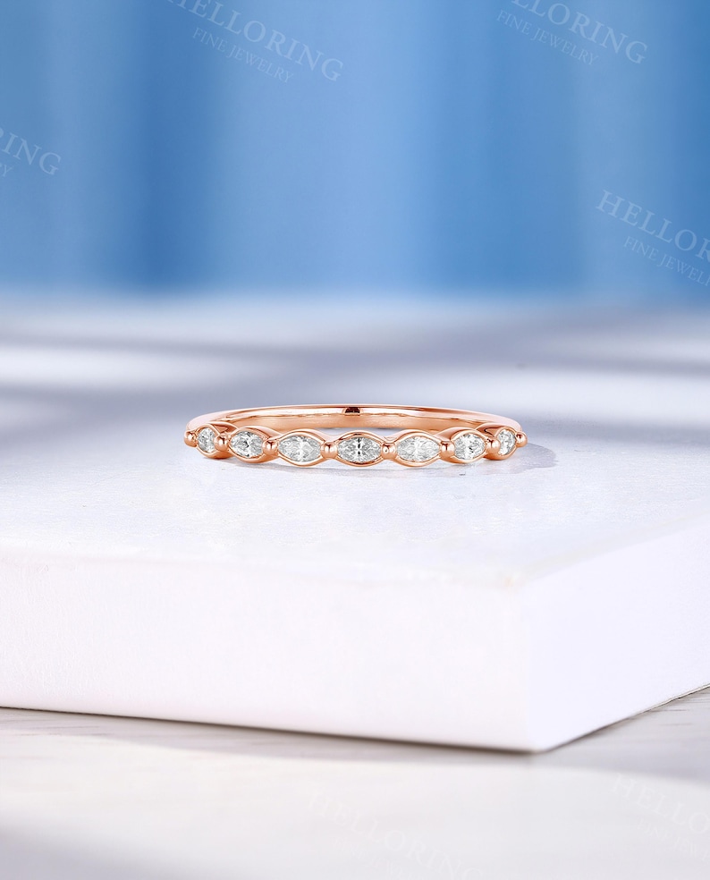 Vintage Marquise Cut Diamond Wedding Band, Handmade White Gold Band, Delicate Seven Stone Ring, Stacking Matching Ring, Bridal Promise Ring image 8
