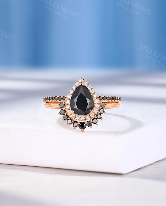 Vintage Pear Cut Black Onyx Engagement Ring, Half Eternity Band Ring, Halo Diamond Ring, Rose Gold Ring, Black Diamond Curved Wedding Band