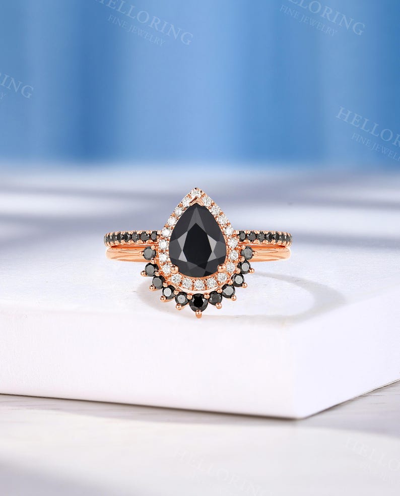 Vintage Pear Cut Black Onyx Engagement Ring, Half Eternity Band Ring, Halo Diamond Ring, Rose Gold Ring, Black Diamond Curved Wedding Band 10K Rose Gold