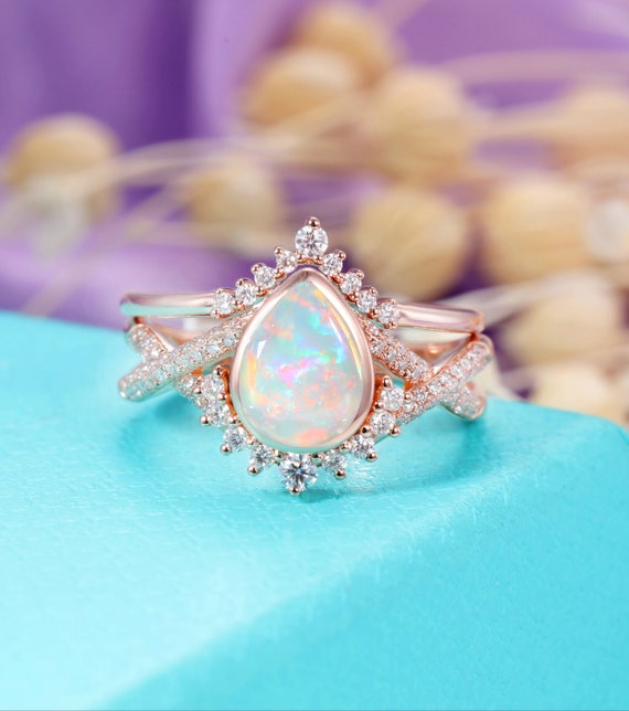 Opal and diamond wedding shop ring set