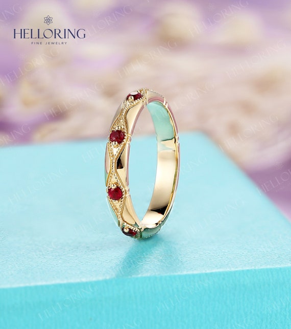 Round Natural Ruby Wedding Band Yellow Gold Ring Vintage Milgrain