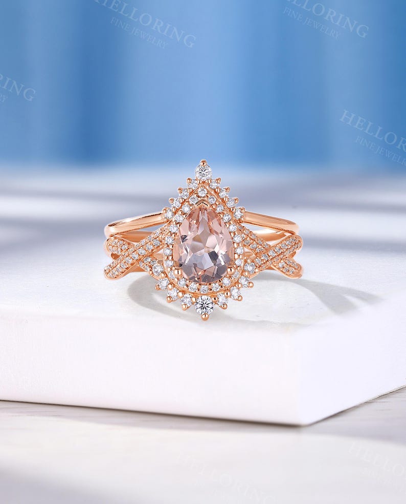 Vintage Pear Morganite Engagement Ring Set,Handmade Rose Gold Ring,Halo Moissanite / Diamond Wedding Band,Women Art Deco Twisted Bridal Ring