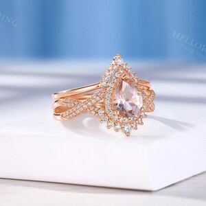 Vintage Pear Morganite Engagement Ring Set,Handmade Rose Gold Ring,Halo Moissanite / Diamond Wedding Band,Women Art Deco Twisted Bridal Ring
