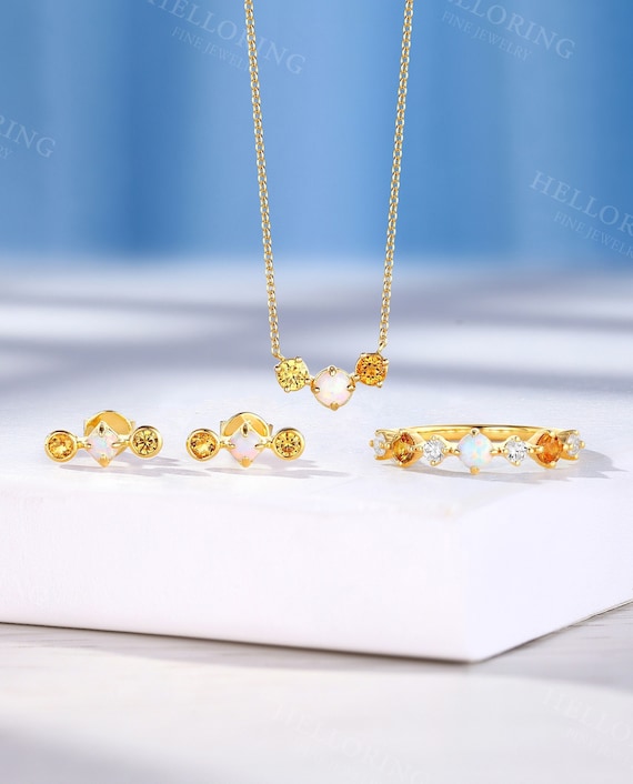 Three Stone Jewelry Set - Opal , Citrine & Yellow Sapphire Wedding Ring Blessing Necklace Birthstone Ring Gift For Her - Custom By HelloRing