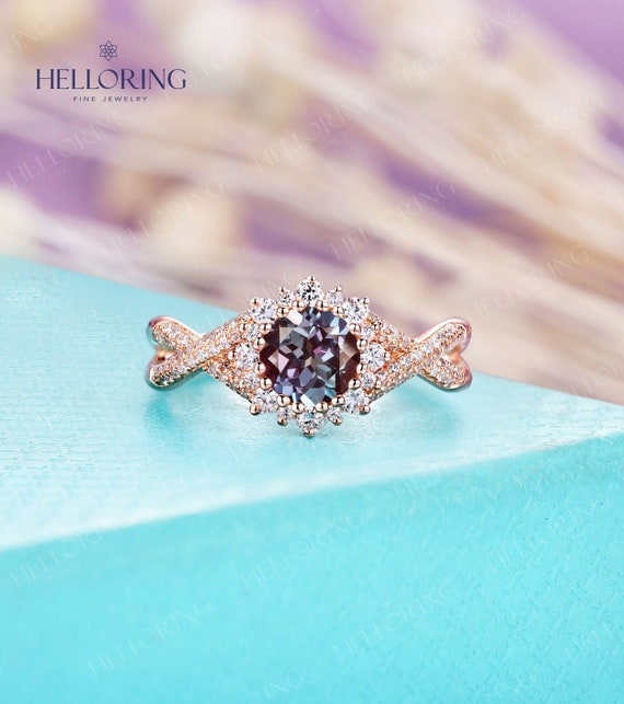 Round Cut Lab Alexandrite Engagement Ring Art Deco Vintage Ring