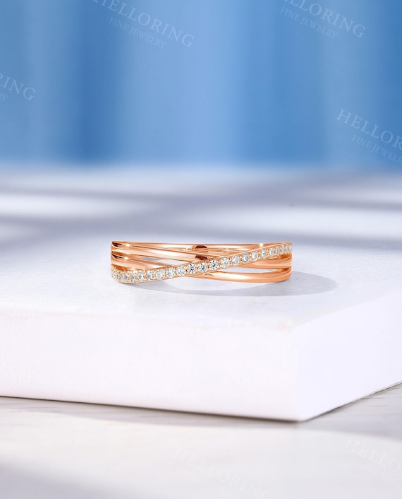 Lab Grown Diamond Pave Wedding Band, 14K Rose Gold Crossover Ring