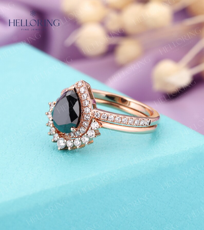 Black Onyx Sapphire engagement ring set Rose gold Pear cut wedding ring vintage Halo diamond moissanite ring Anniversary Promise ring image 4