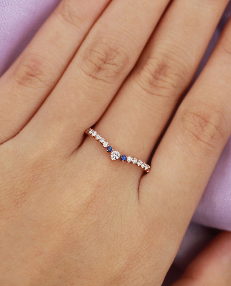 Moissanite wedding bands Women Rose gold Sapphire Dainty Unique Matching Stacking Micro pave Half eternity Bridal Anniversary Promise ring image 8