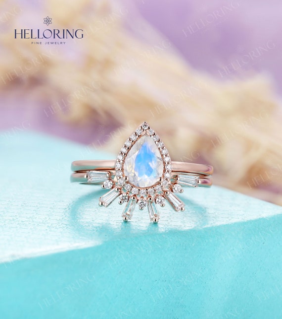 Yellow Gold Anniversary Ring Set |Custom Curved Cz Engagement Ring Set Wedding Ring | Vintage Pear Shaped Blue Moonstone Bridal Set Rose Gold Ring
