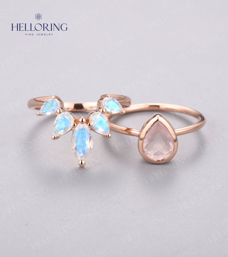 Rozenkwarts Verlovingsring set Rose goud Peer gesneden Gebogen trouwring Marquise gesneden Art deco Moonstone Bridal Anniversary Promise ring afbeelding 1