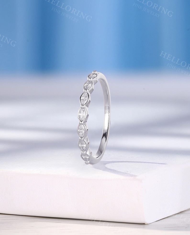 Vintage Marquise Cut Diamond Wedding Band, Handmade White Gold Band, Delicate Seven Stone Ring, Stacking Matching Ring, Bridal Promise Ring image 6
