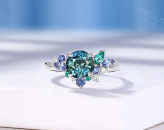 Vintage Teal Sapphire Engagement Ring, Cluster Lab Emerald and Diamond Ring, White Gold Proposal Ring, Custom Promise Ring for Women