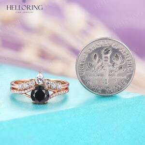 Vintage Round Cut Black Onyx Engagement Ring Set Rose Gold Pear Cut Moissanite Curved Wedding Band Unique Cluster Pave Ring Promise Ring image 4