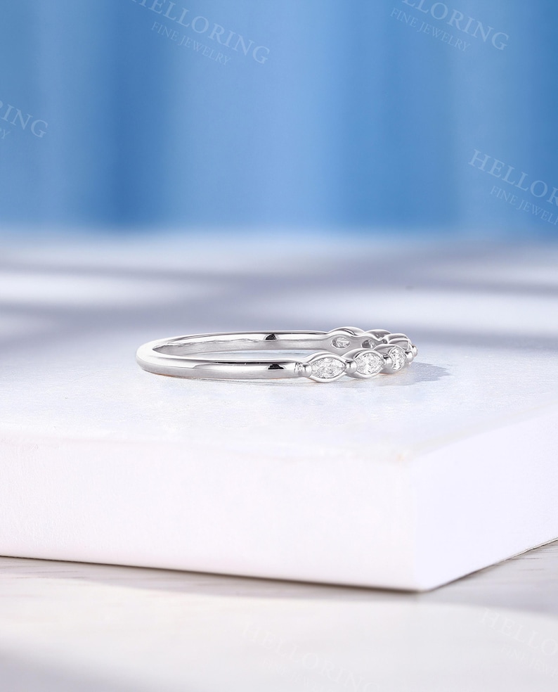 Vintage Marquise Cut Diamond Wedding Band, Handmade White Gold Band, Delicate Seven Stone Ring, Stacking Matching Ring, Bridal Promise Ring image 5