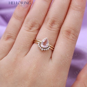 Rose Quartz Engagement Ring set Rose Gold engagement ring Vintage Diamond Wedding ring set Bridal ring Pear cut Stacking Promise ring image 10