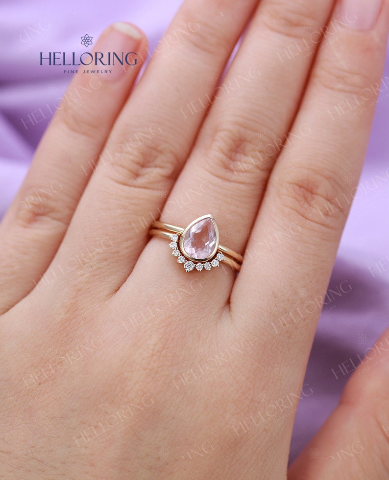 Rose Quartz Engagement Ring set Rose Gold engagement ring Vintage Diamond Wedding ring set Bridal ring Pear cut Stacking Promise ring image 8