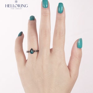 Vintage teal sapphire engagement ring set blue green sapphire ring black diamond wedding band half eternity ring art deco promise ring image 7
