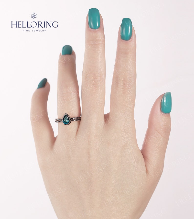 Vintage teal sapphire engagement ring set blue green sapphire ring black diamond wedding band half eternity ring art deco promise ring image 7