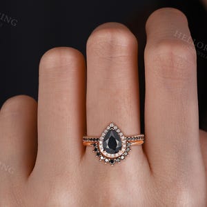 Vintage Pear Cut Black Onyx Engagement Ring, Half Eternity Band Ring, Halo Diamond Ring, Rose Gold Ring, Black Diamond Curved Wedding Band image 2
