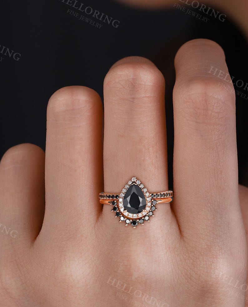 Vintage Pear Cut Black Onyx Engagement Ring, Half Eternity Band Ring, Halo Diamond Ring, Rose Gold Ring, Black Diamond Curved Wedding Band image 2