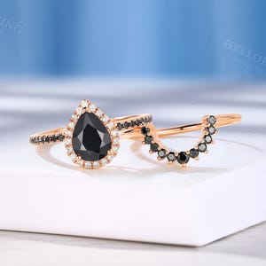 Vintage Pear Cut Black Onyx Engagement Ring, Half Eternity Band Ring, Halo Diamond Ring, Rose Gold Ring, Black Diamond Curved Wedding Band image 3