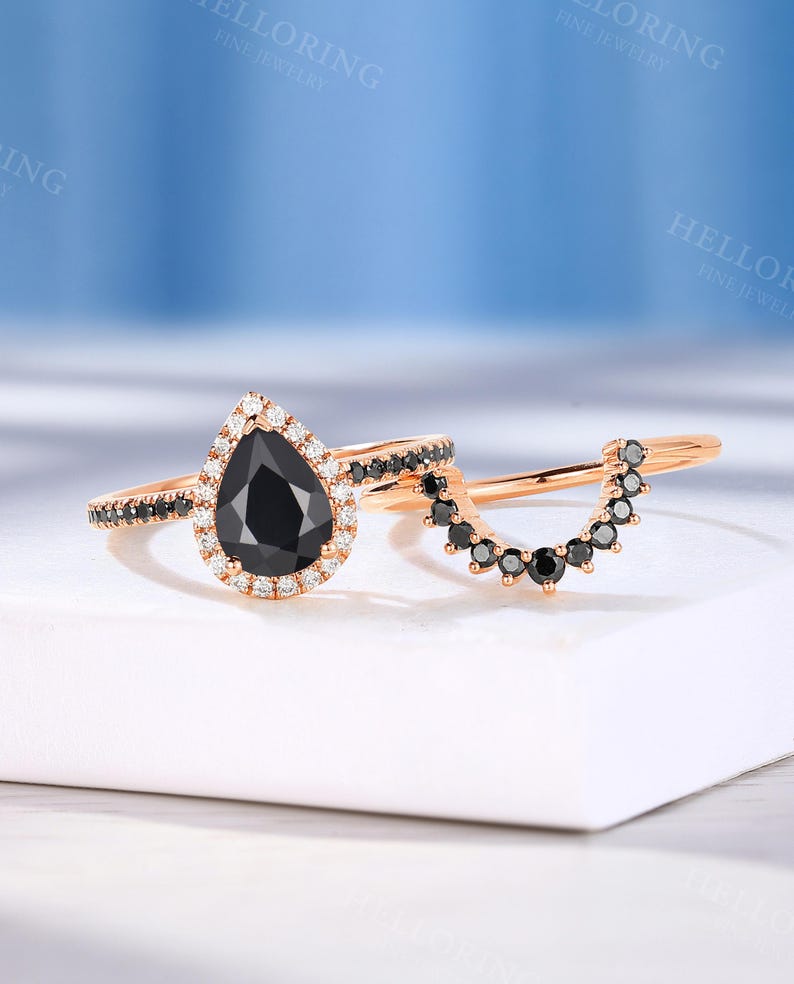 Vintage Pear Cut Black Onyx Engagement Ring, Half Eternity Band Ring, Halo Diamond Ring, Rose Gold Ring, Black Diamond Curved Wedding Band image 3
