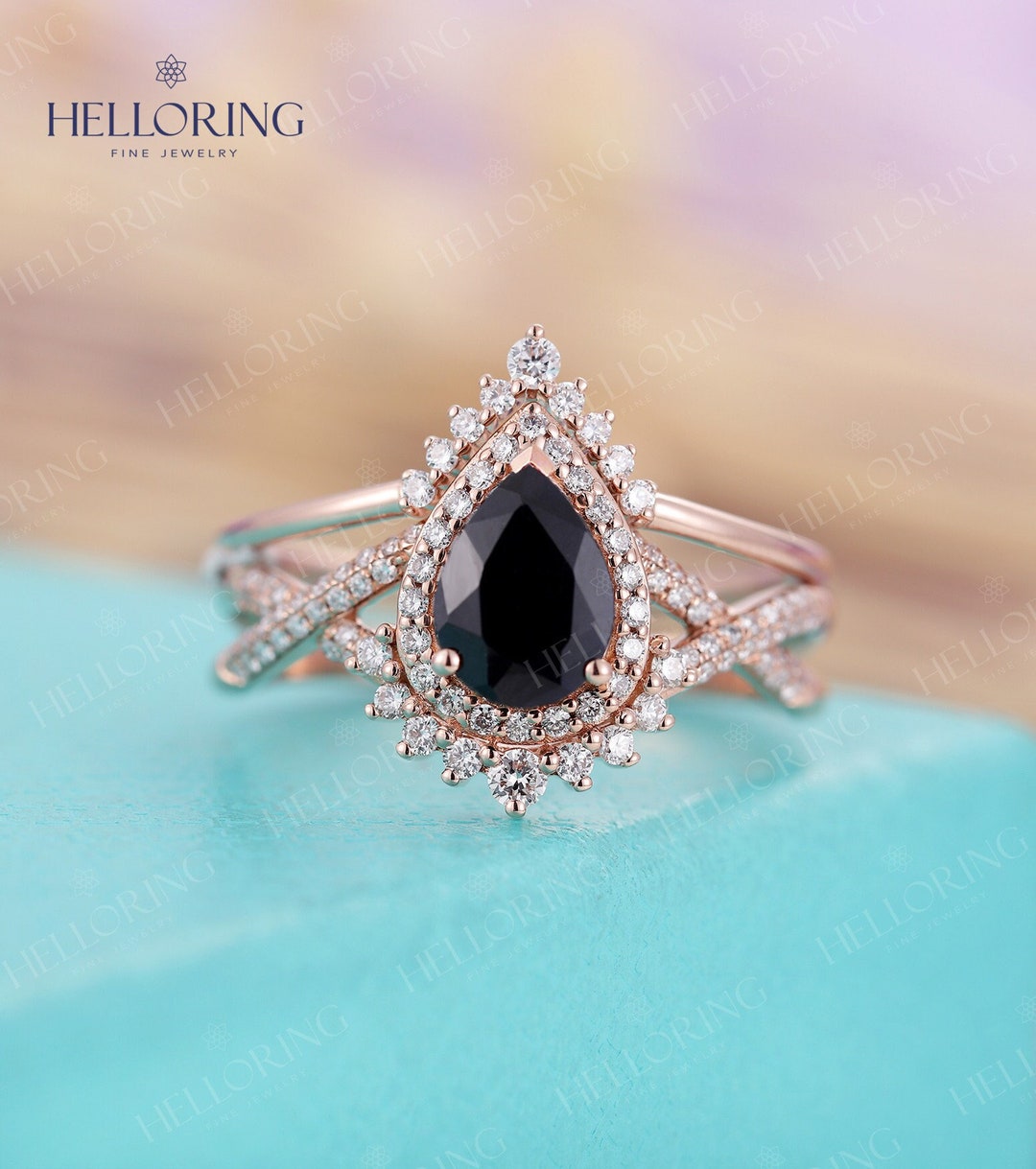 Vintage Black Diamond Engagement Ring Set Black Sapphire Ring - Etsy