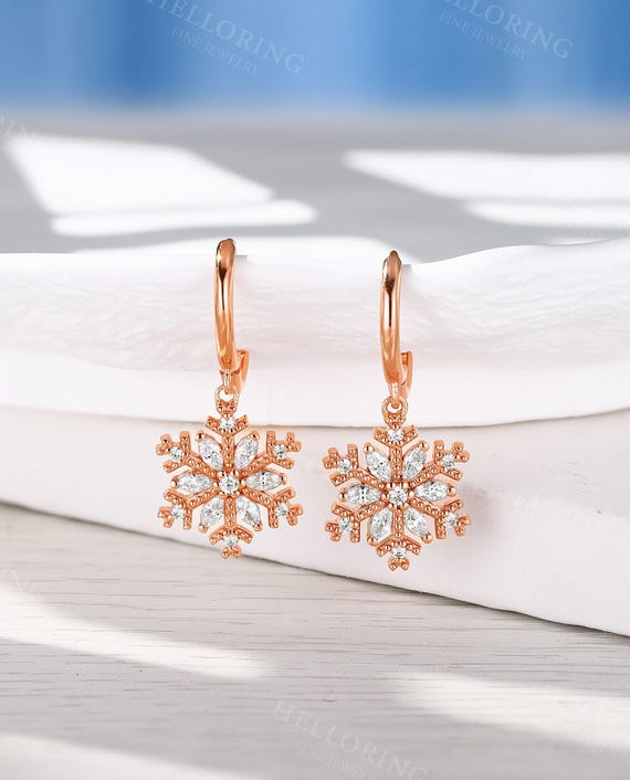 Moissanite Snowflake Hoop Earrings, 18K Gold Earrings, Winter Holiday Jewelry, Dainty Christmas Earrings,New Year Gift, Gifts for Girlfriend
