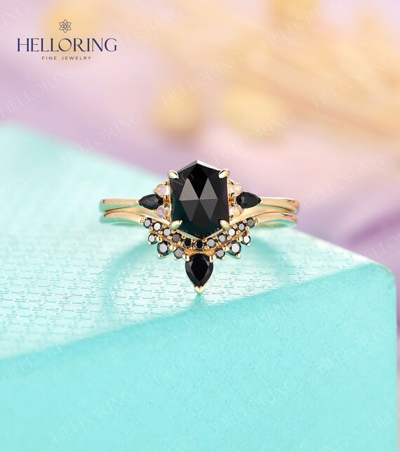Hexagon Black Onyx Engagement Ring Set Black Onyx Black Etsy Hexagon Black Onyx Engagement Ring Set Black Onyx Black Etsy