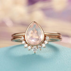 Rose Quartz Engagement Ring set Rose Gold engagement ring Vintage Diamond Wedding ring set Bridal ring Pear cut Stacking Promise ring image 1