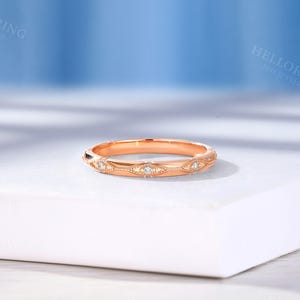 Vintage Diamond Wedding Band, Solid Gold, Unique Milgrain Band, Stackable Matching Anniversary Ring for Women image 11