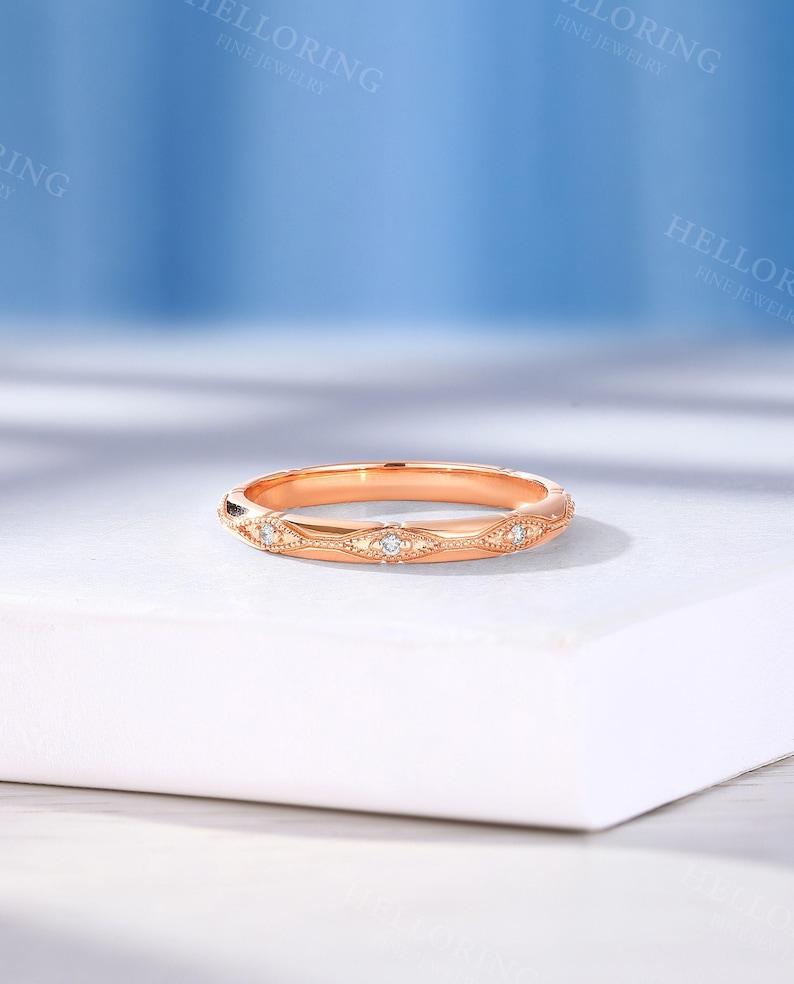 Vintage Diamond Wedding Band, Solid Gold, Unique Milgrain Band, Stackable Matching Anniversary Ring for Women image 11