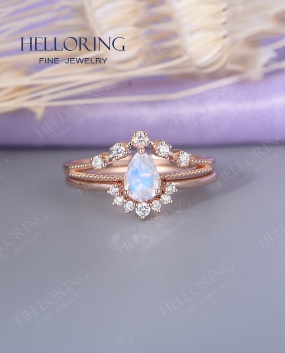 Moonstone Engagement Ring Set Rose Gold Vintage Curved Wedding Etsy