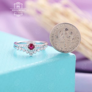 Ruby Engagement Ring rose gold curved wedding band Art Deco Unique Vintage Diamond July birthstone Bridal set Women Anniversary ring image 6