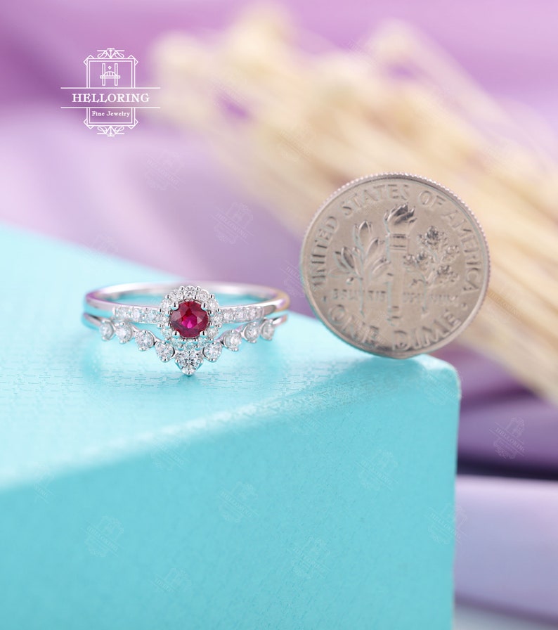 Ruby Engagement Ring rose gold curved wedding band Art Deco Unique Vintage Diamond July birthstone Bridal set Women Anniversary ring image 6