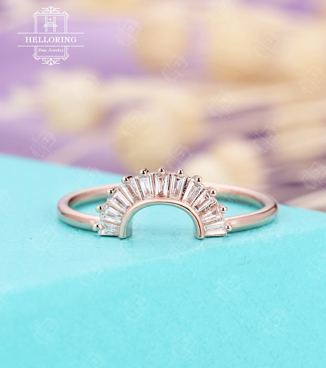 Vintage Curved diamond wedding band rose gold baguette ring image 1