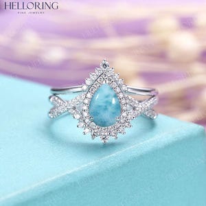 Vintage Pear Opal Engagement Ring Set, Handmade White Gold Ring, Unique Halo Diamond Moissanite Wedding Ring, Larimar Ring, Anniversary Ring Larimar