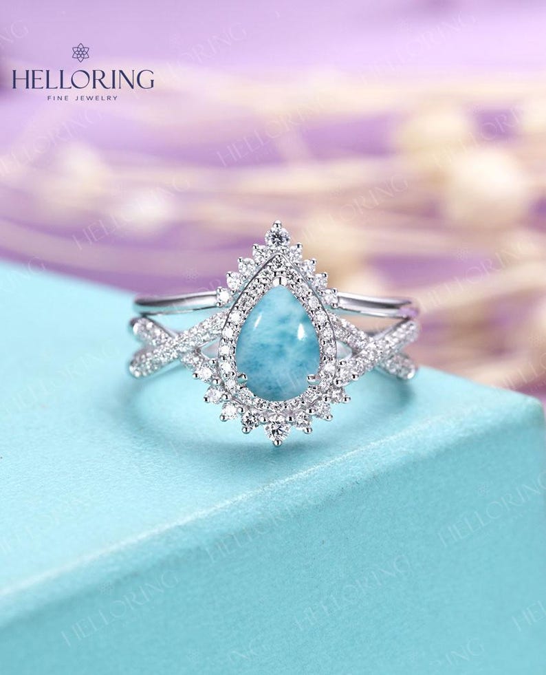 Vintage Pear Opal Engagement Ring Set, Handmade White Gold Ring, Unique Halo Diamond Moissanite Wedding Ring, Larimar Ring, Anniversary Ring Larimar