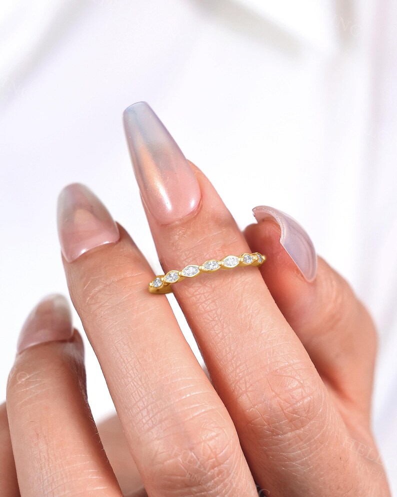 Vintage Marquise Cut Diamond Wedding Band, Handmade White Gold Band, Delicate Seven Stone Ring, Stacking Matching Ring, Bridal Promise Ring image 3