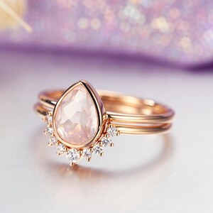 Rose Quartz Engagement Ring set Rose Gold engagement ring Vintage Diamond Wedding ring set Bridal ring Pear cut Stacking Promise ring image 5